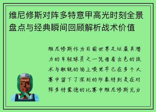 维尼修斯对阵多特意甲高光时刻全景盘点与经典瞬间回顾解析战术价值
